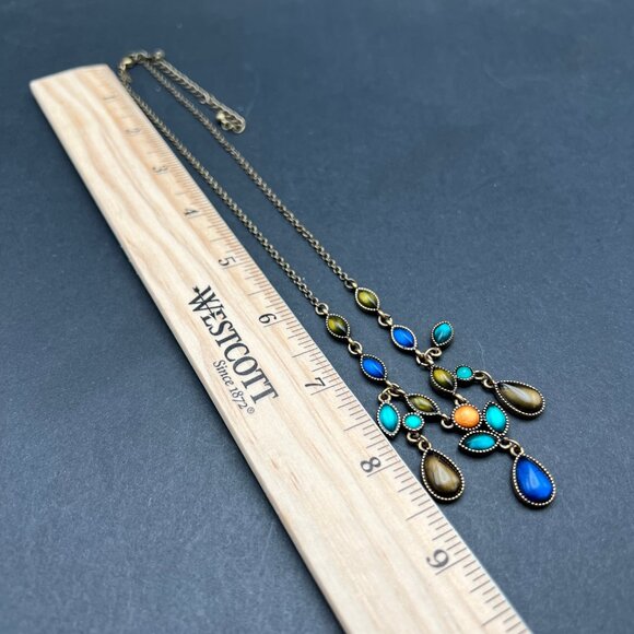 Avon SAQ Necklace Y Drop Bib‎ Blue Green Multishape Stones Brass Tone Chain - Picture 5 of 7